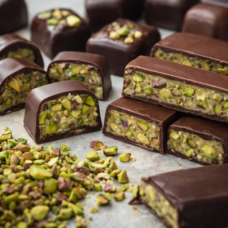 Using pistachio inclusions in filled bars and pralines with Turkish pistachio pieces and confectionery centers